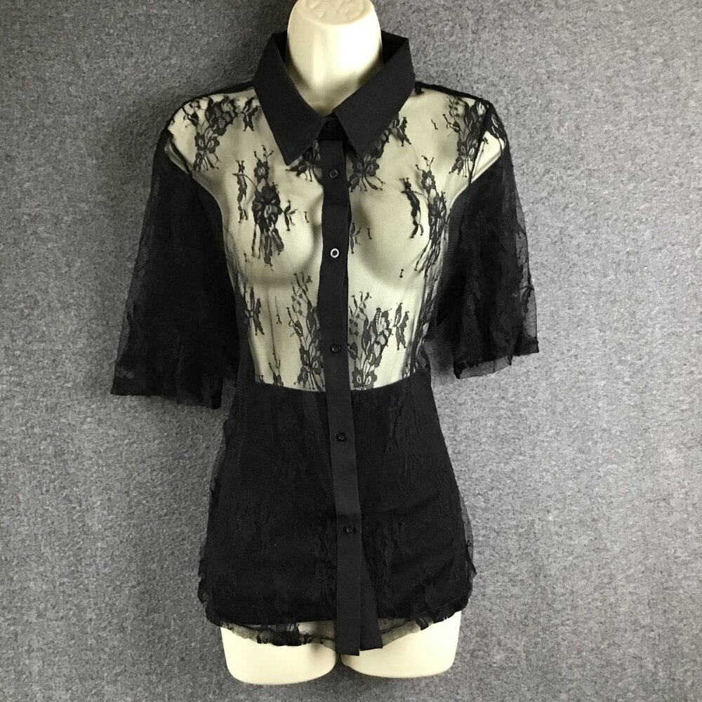 Black Button Up Delicate Lace Flutter Sleeve Shir… - image 2